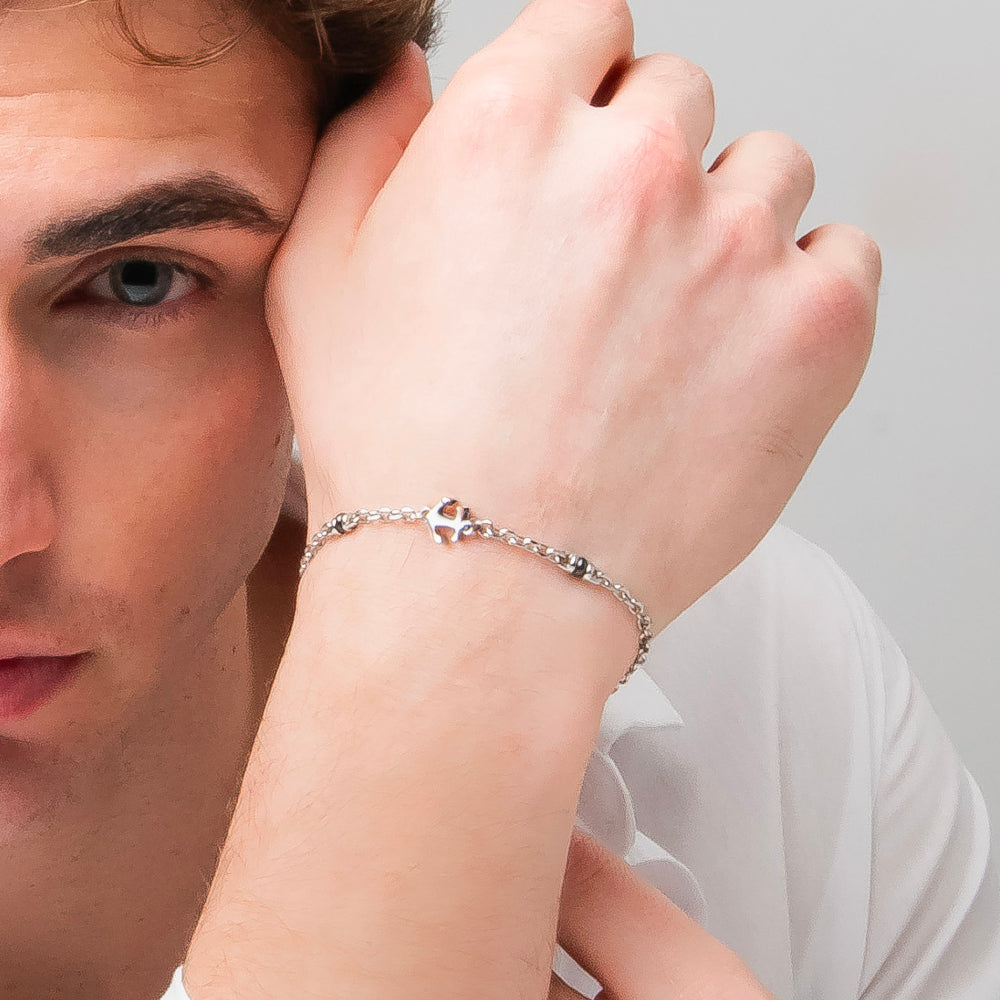 BRACCIALE UOMO IN ACCIAIO CON ANCORA, ZIRCONE NERO ED ELEMENTO IN IP NERO