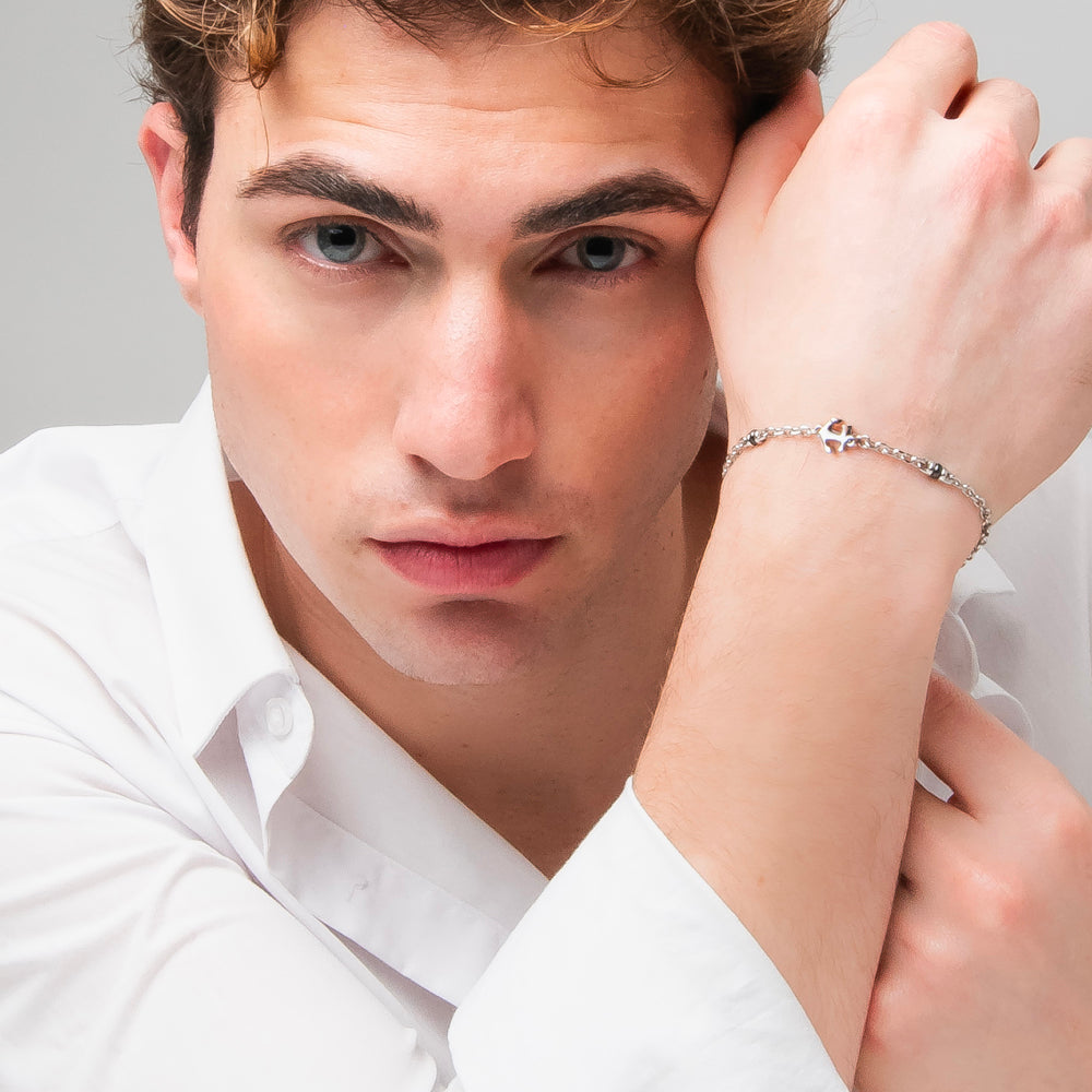 BRACCIALE UOMO IN ACCIAIO CON ANCORA, ZIRCONE NERO ED ELEMENTO IN IP NERO