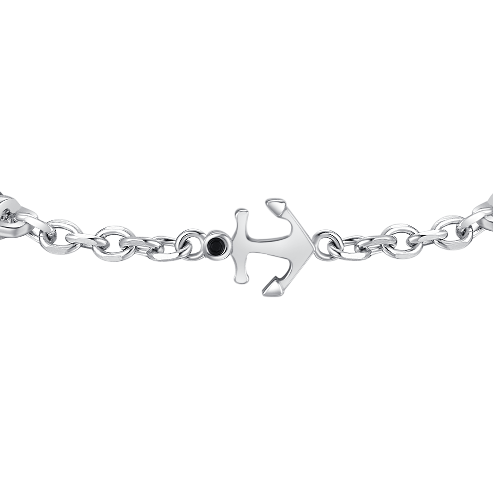 BRACCIALE UOMO IN ACCIAIO CON ANCORA, ZIRCONE NERO ED ELEMENTO IN IP NERO