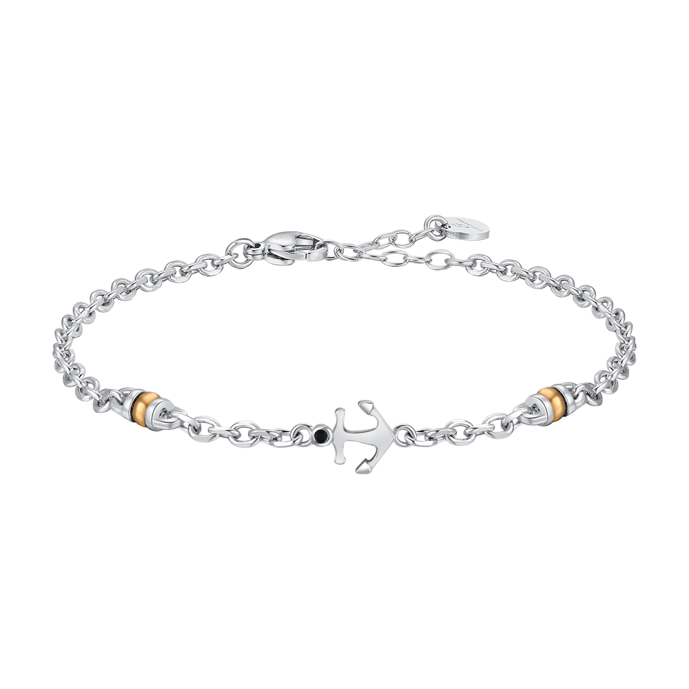 BRACCIALE UOMO IN ACCIAIO CON ANCORA, ZIRCONE NERO ED ELEMENTO IN IP GOLD