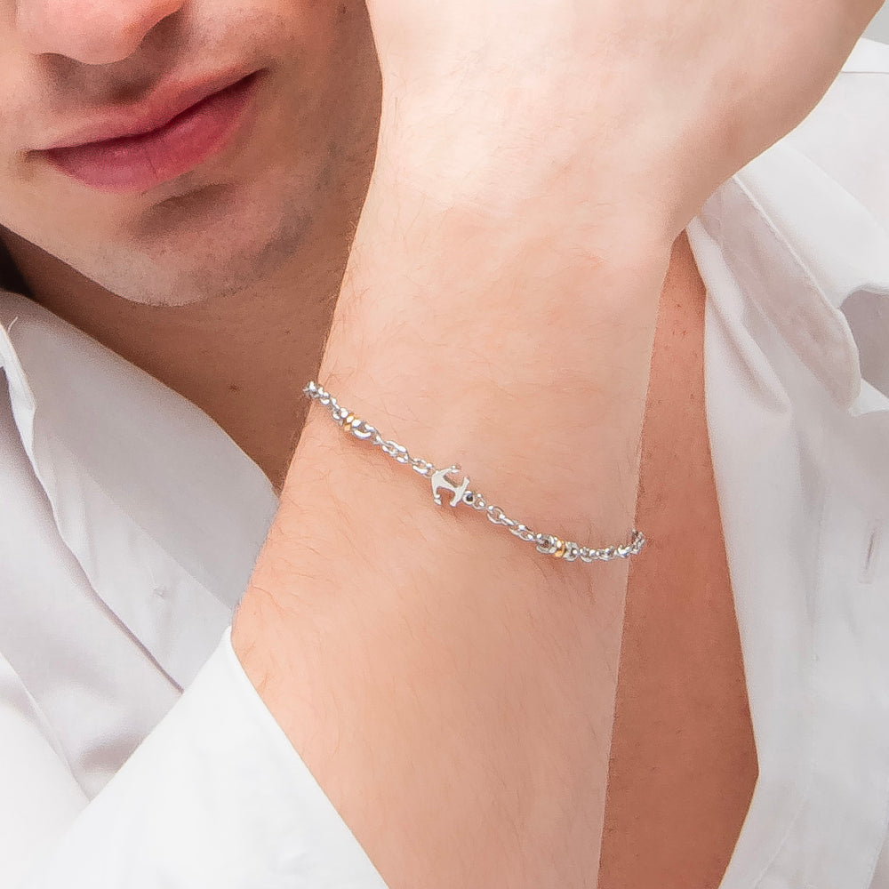 BRACCIALE UOMO IN ACCIAIO CON ANCORA, ZIRCONE NERO ED ELEMENTO IN IP GOLD