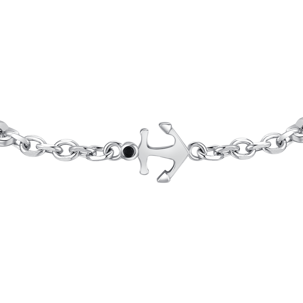 BRACCIALE UOMO IN ACCIAIO CON ANCORA, ZIRCONE NERO ED ELEMENTO IN IP GOLD