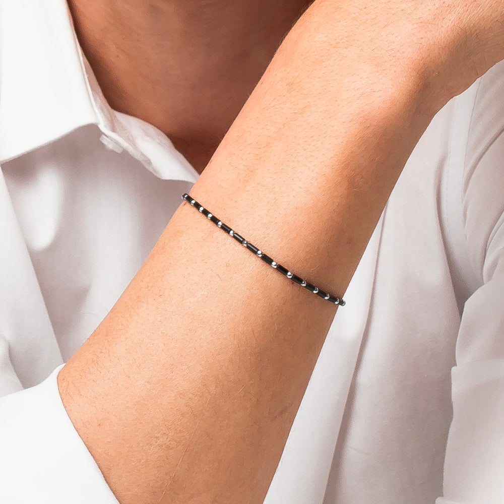 BRACCIALE UOMO IN ACCIAIO CON AGATA NERA ED EMATITE