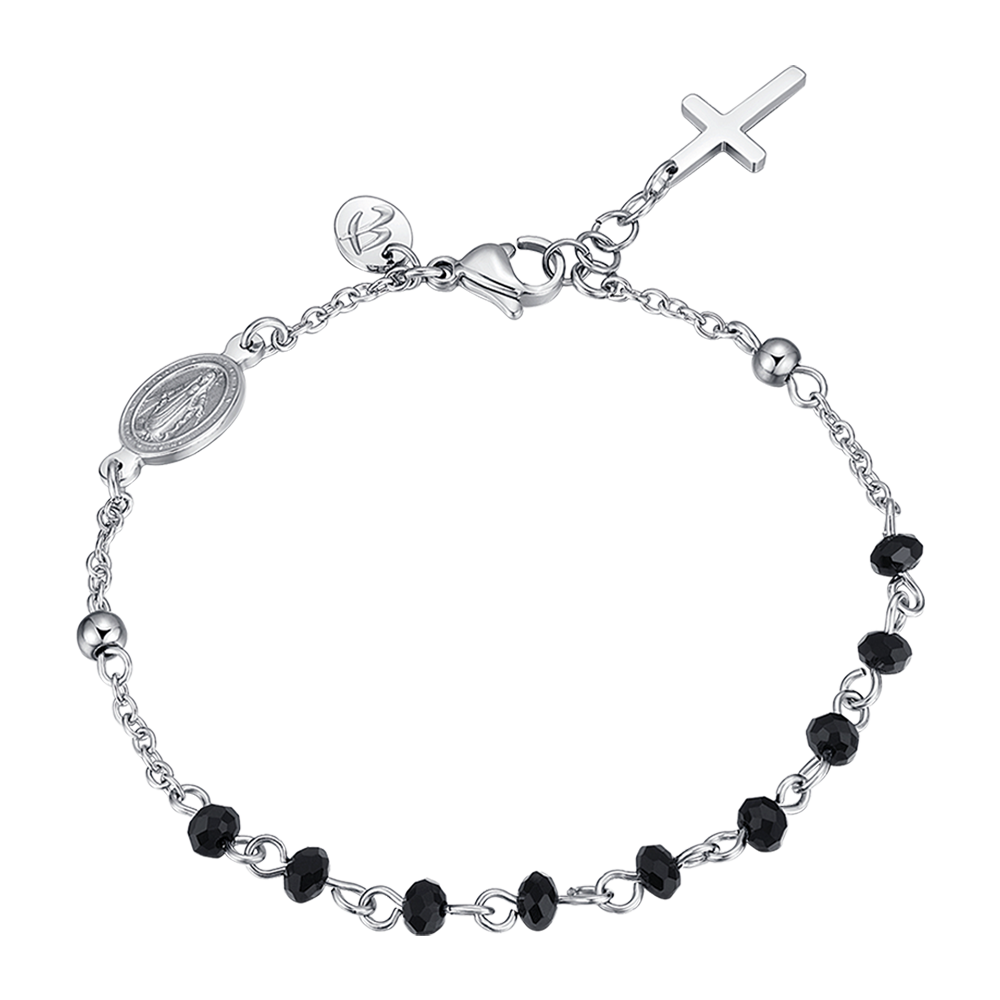 Bracciale Rosario Argento 925 Croce Convessa E Cristalli Neri Per Uomo E Donna