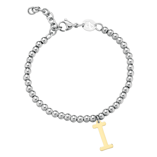 BRACCIALE DONNA IN ACCIAIO PALLINATO CON LETTERA I