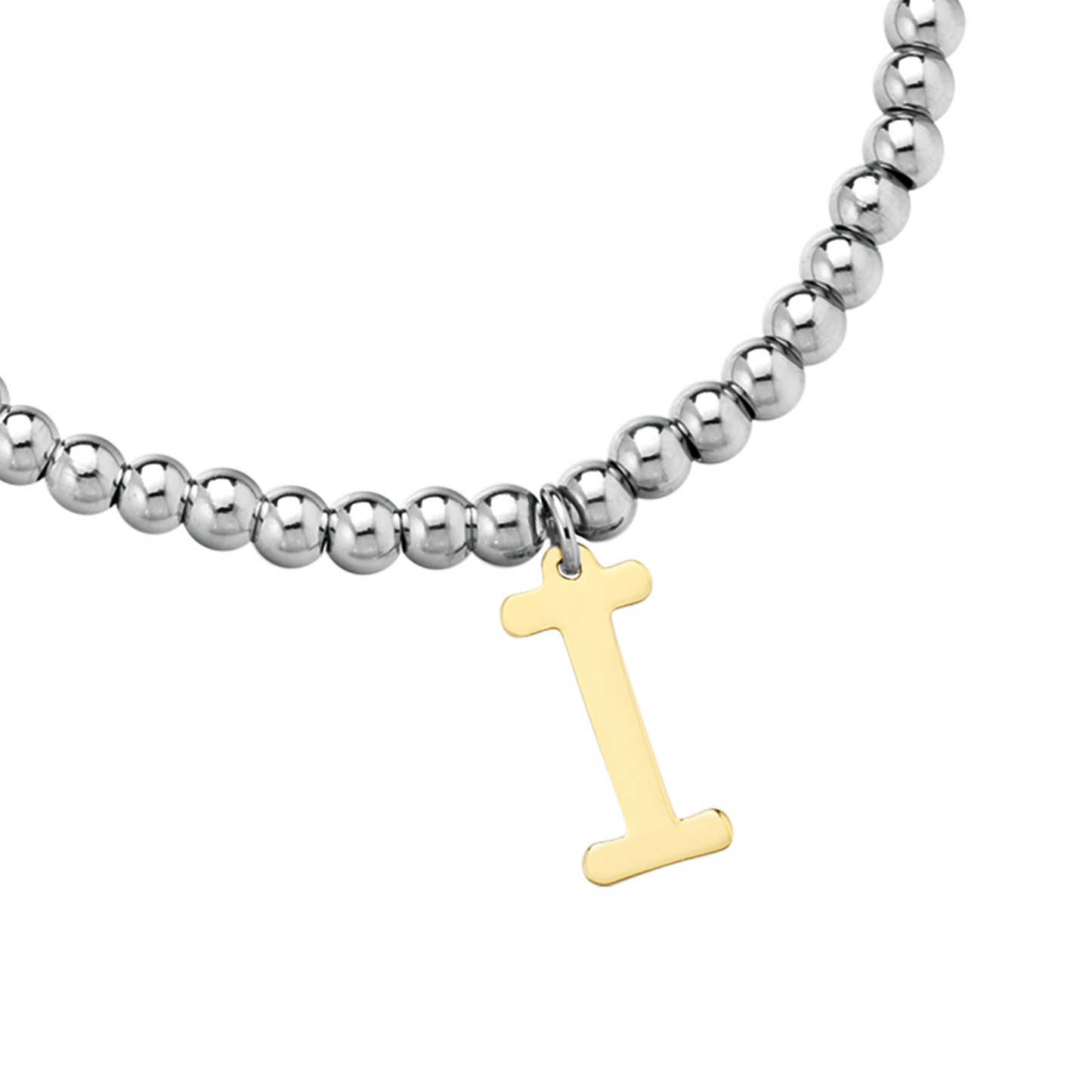BRACCIALE DONNA IN ACCIAIO PALLINATO CON LETTERA I