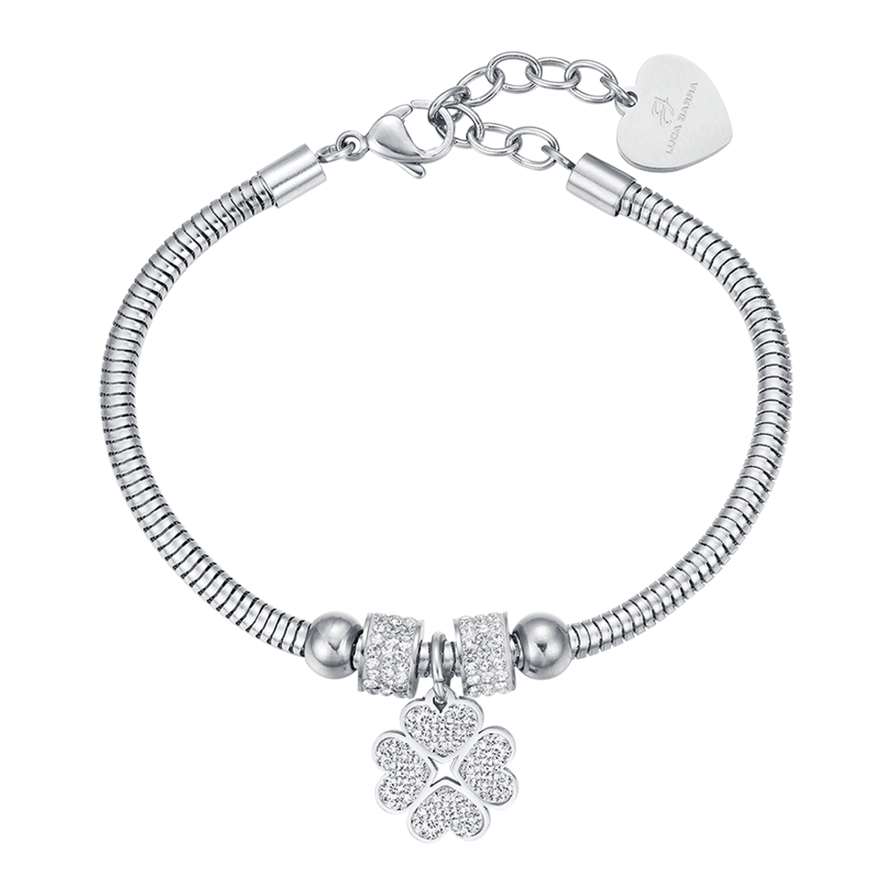 Bracciale da donna in acciaio con perle bianche e cristalli Bracciale da donna in acciaio con perle bianche e cristalli