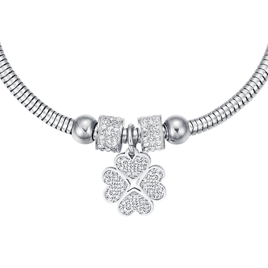 BRACCIALE DONNA IN ACCIAIO CON QUADRIFOGLIO E CRISTALLI BIANCHI