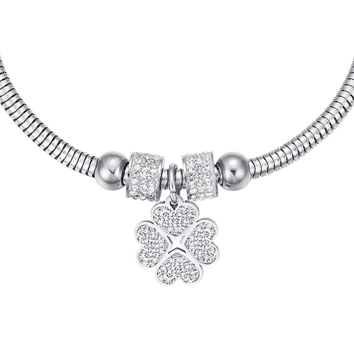 BRACELET POUR FEMME EN ACIER AVEC TRÈFLE À QUATRE FEUILLES ET CRISTAUX BLANCS