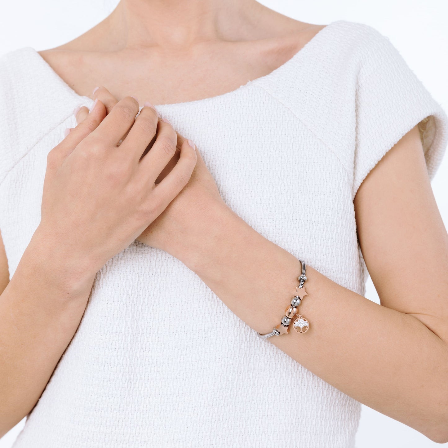 BRACCIALE DONNA IN ACCIAIO CON ALBERO DELLA VITA IP ROSE E CRISTALLI BIANCHI E S