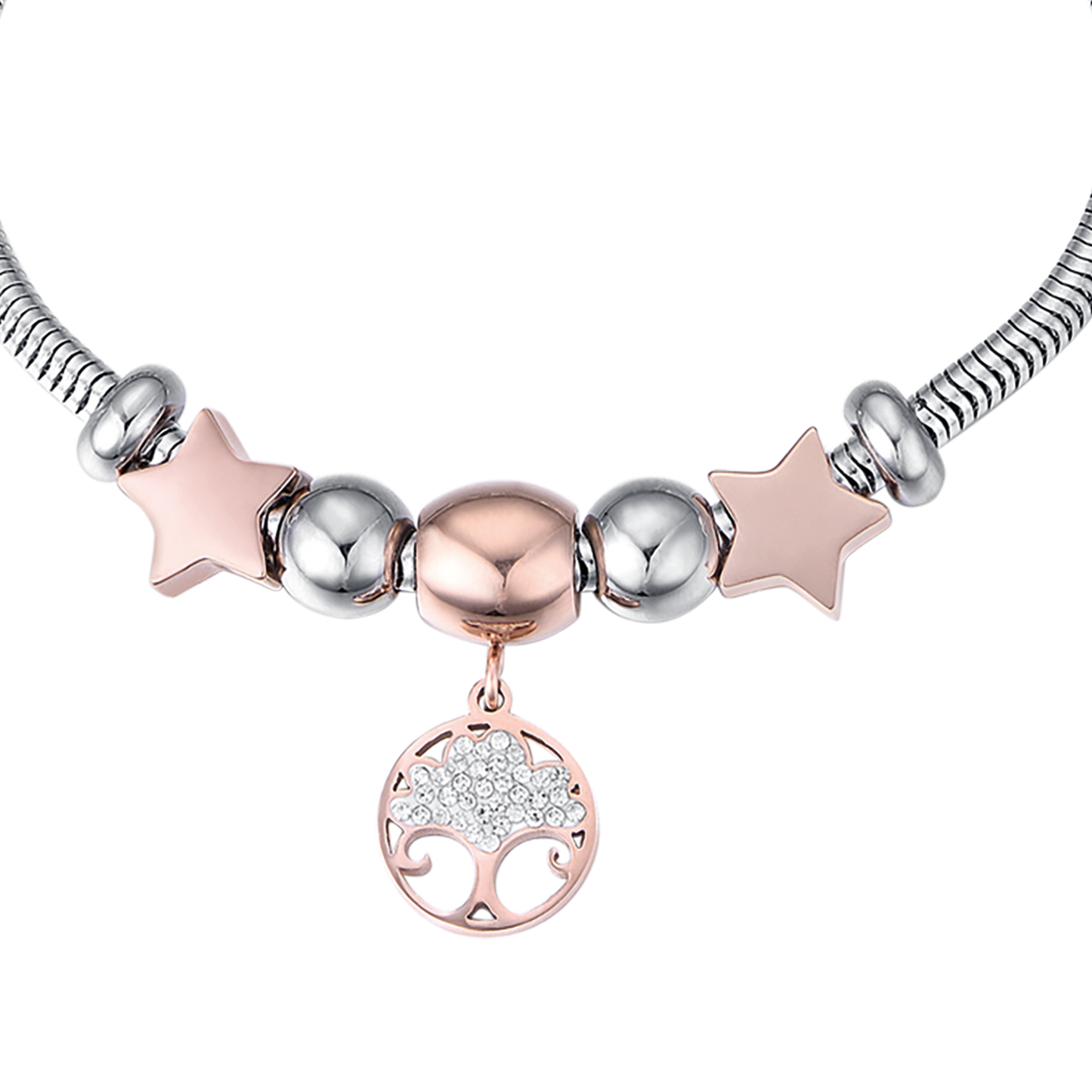 BRACCIALE DONNA IN ACCIAIO CON ALBERO DELLA VITA IP ROSE E CRISTALLI BIANCHI E S