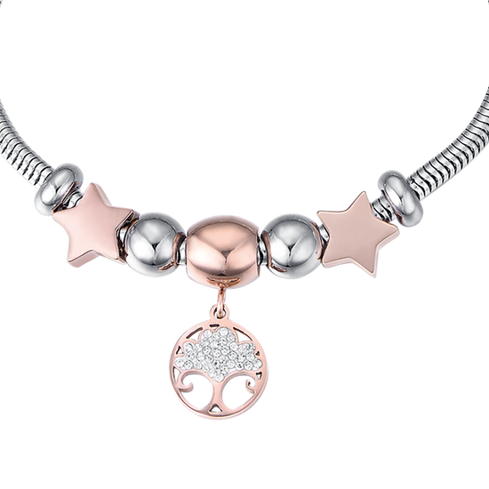 BRACCIALE DONNA IN ACCIAIO CON ALBERO DELLA VITA IP ROSE E CRISTALLI BIANCHI E S
