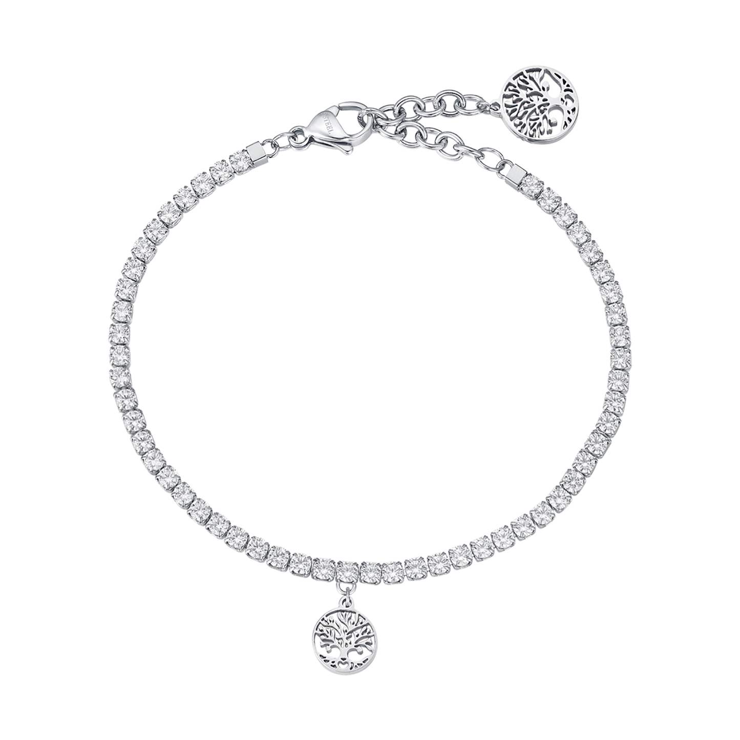 BRACCIALE IN ACCIAIO CON ALBERO DELLA VITA E CRISTALLI BIANCHI