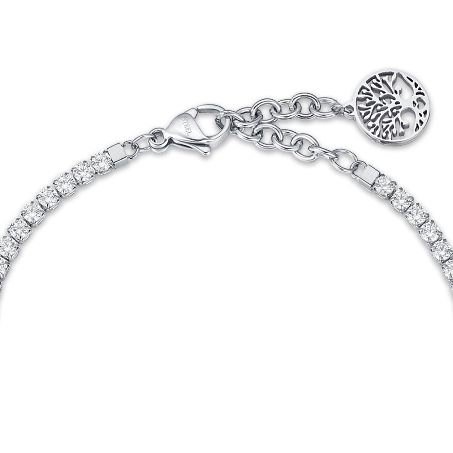 BRACCIALE IN ACCIAIO CON ALBERO DELLA VITA E CRISTALLI BIANCHI