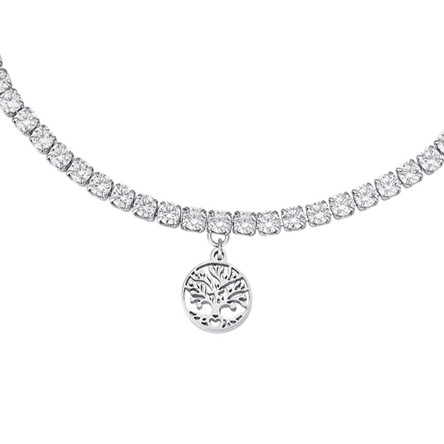 BRACCIALE IN ACCIAIO CON ALBERO DELLA VITA E CRISTALLI BIANCHI