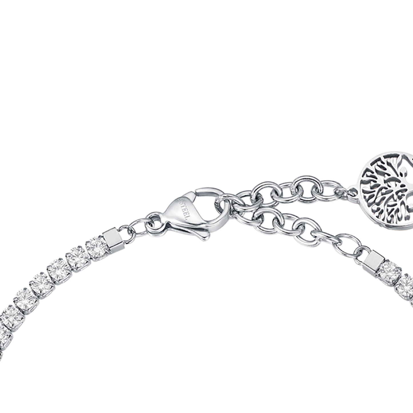 BRACCIALE IN ACCIAIO CON ALBERO DELLA VITA E CRISTALLI BIANCHI