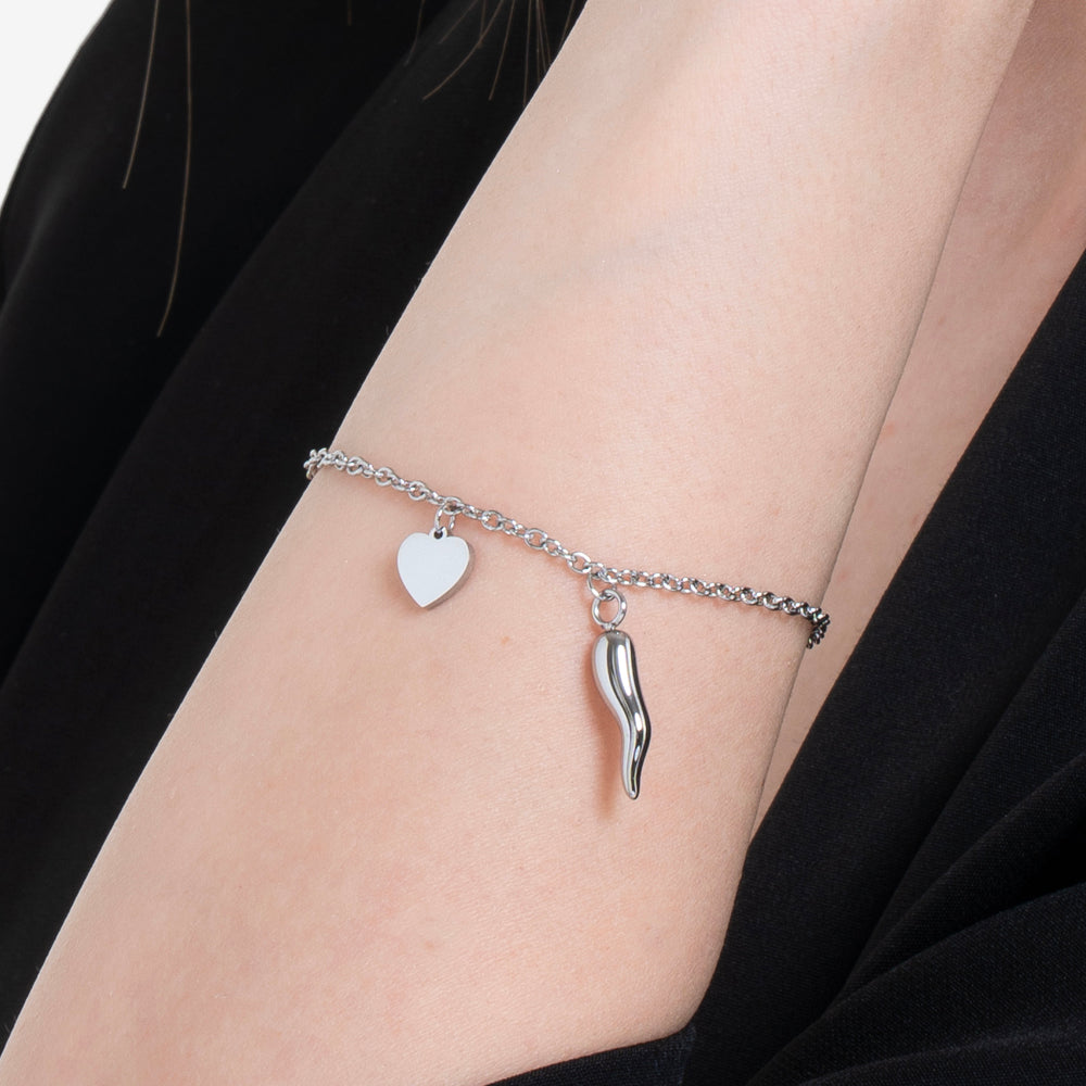 BRACCIALE DONNA IN ACCIAIO CON CUORE E CORNO