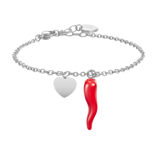 BRACCIALE DONNA IN ACCIAIO CON CUORE E CORNO ROSSO