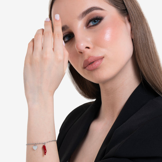 BRACCIALE DONNA IN ACCIAIO CON CUORE E CORNO ROSSO