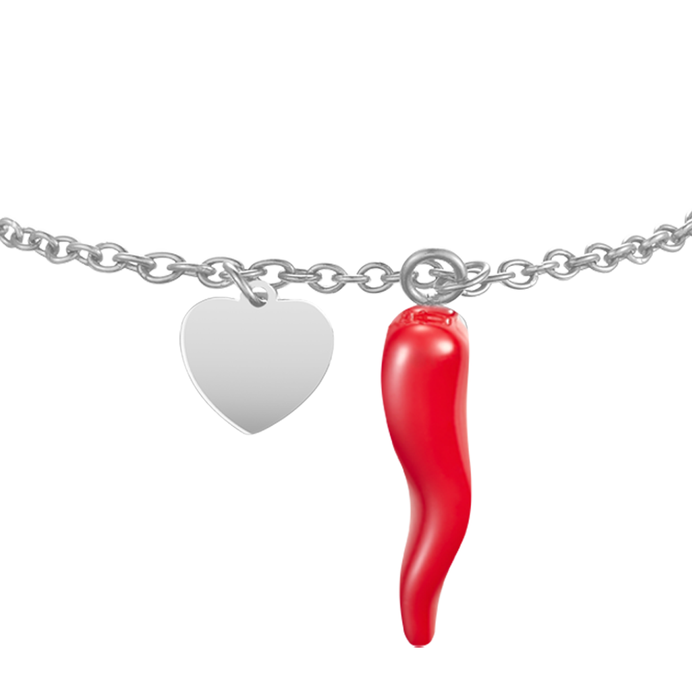 BRACCIALE DONNA IN ACCIAIO CON CUORE E CORNO ROSSO