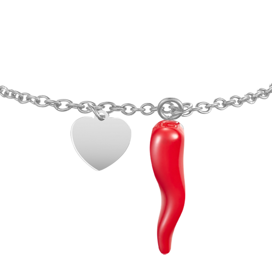 BRACCIALE DONNA IN ACCIAIO CON CUORE E CORNO ROSSO