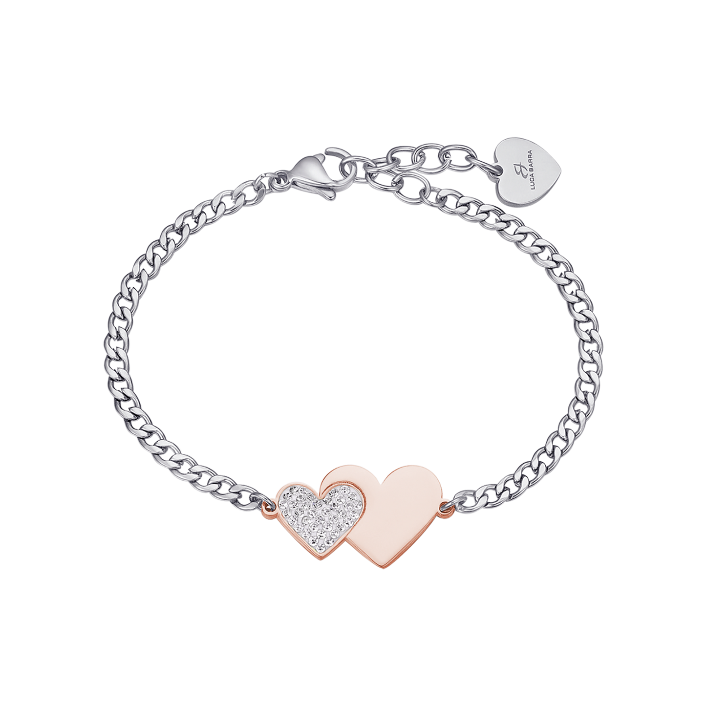 BRACCIALE IN ACCIAIO CON CUORE IN ACCIAIO IP ROSE E CRISTALLI BIANCHI Luca Barra