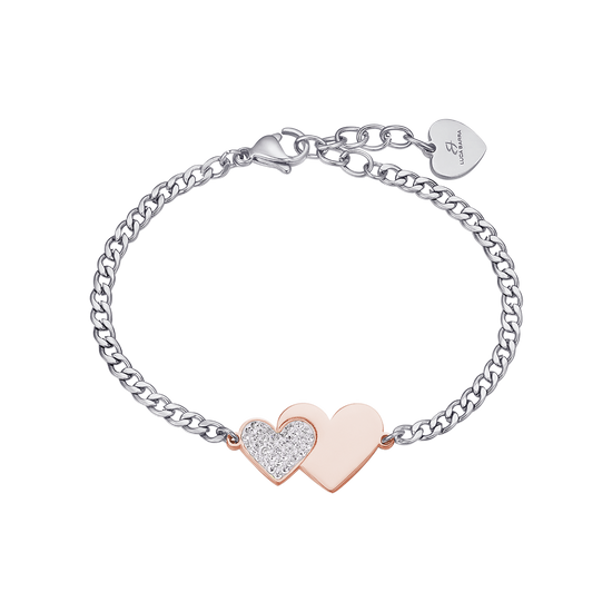 BRACCIALE IN ACCIAIO CON CUORE IN ACCIAIO IP ROSE E CRISTALLI BIANCHI Luca Barra