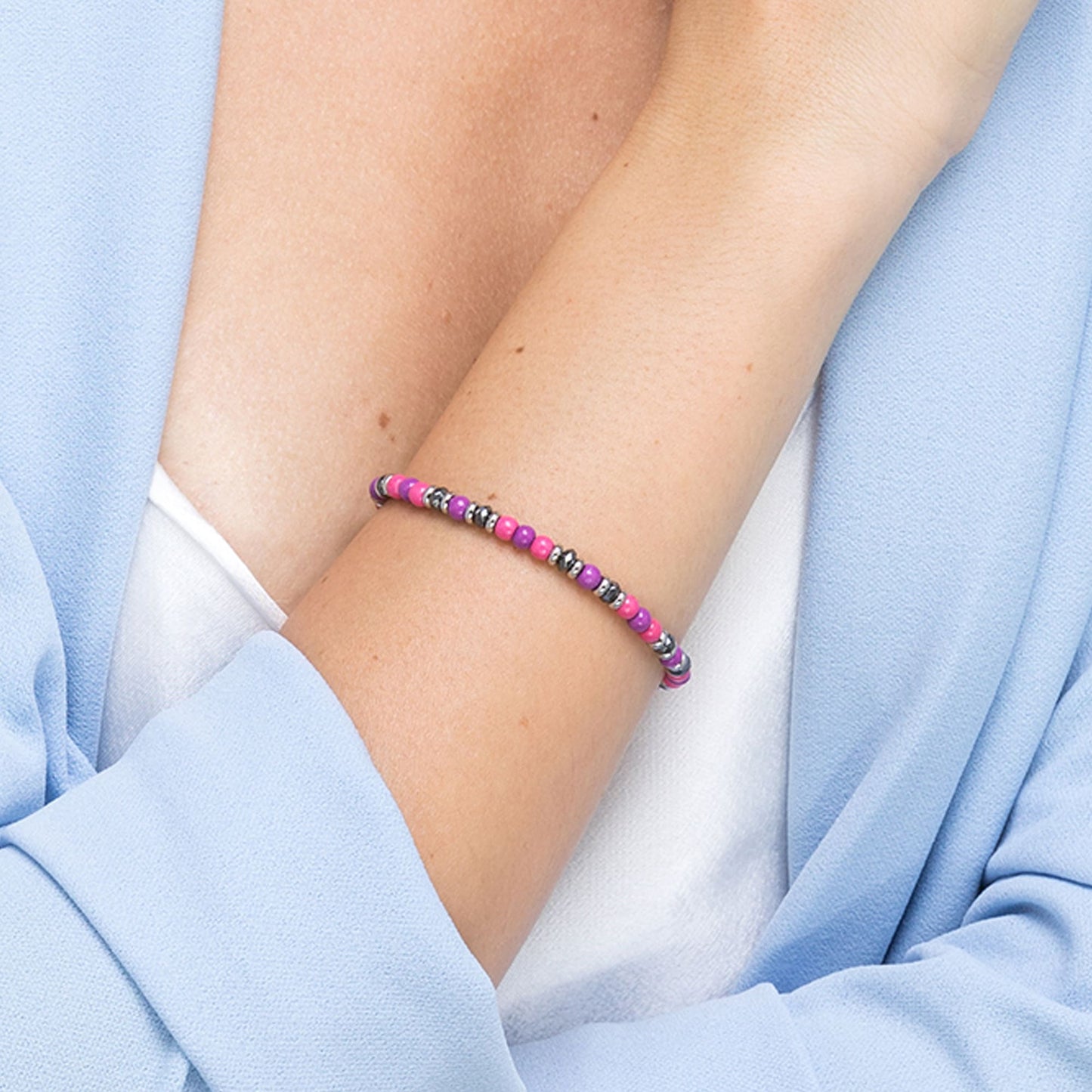 BRACCIALE IN ACCIAIO CON PIETRE ROSA E VIOLA Luca Barra