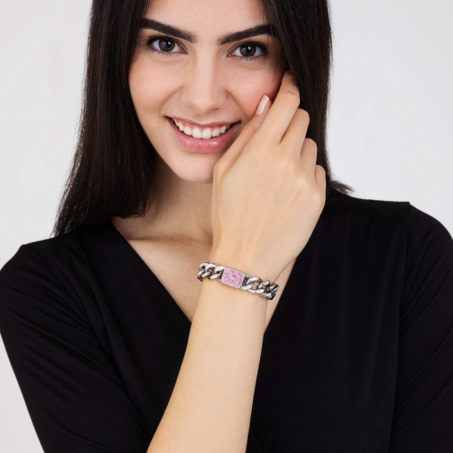 BRACCIALE DONNA IN ACCIAIO CON CRISTALLI FUCSIA