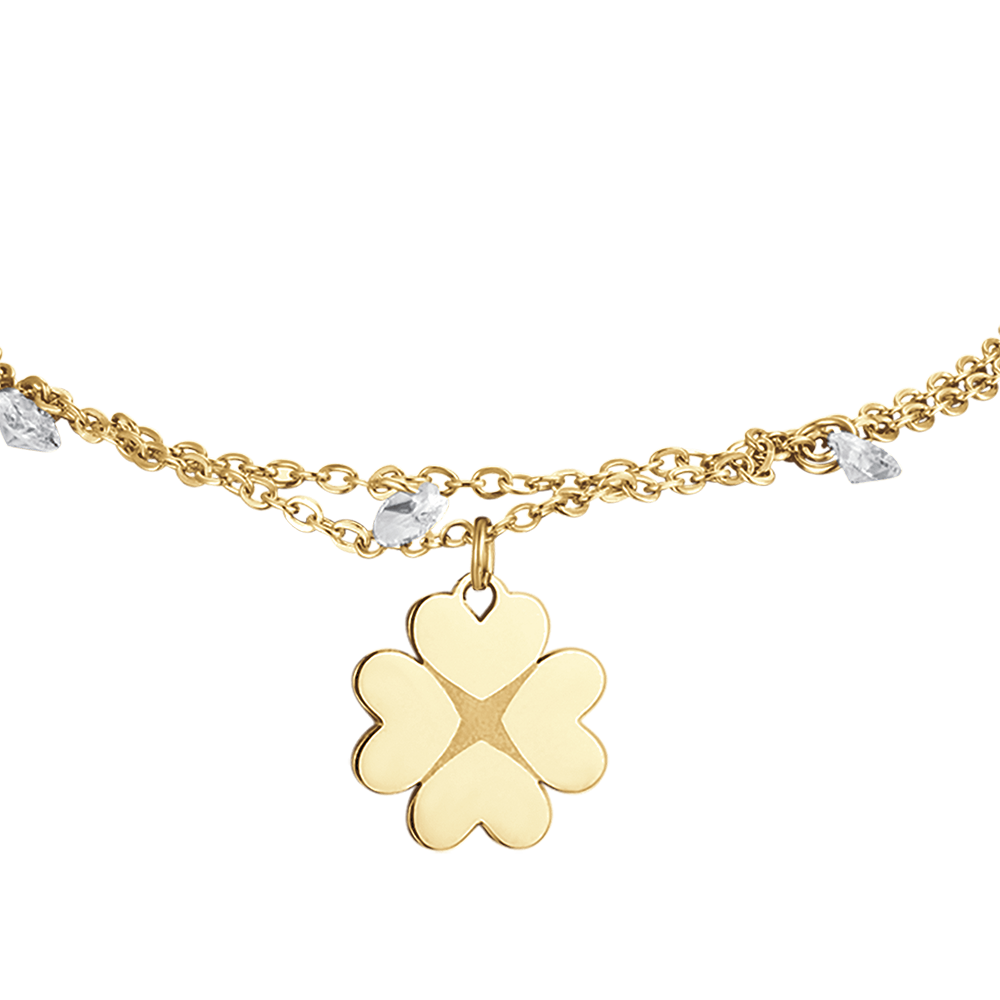 BRACCIALE DONNA IN ACCIAIO IP GOLD CON QUADRIFOGLIO E CRISTALLI