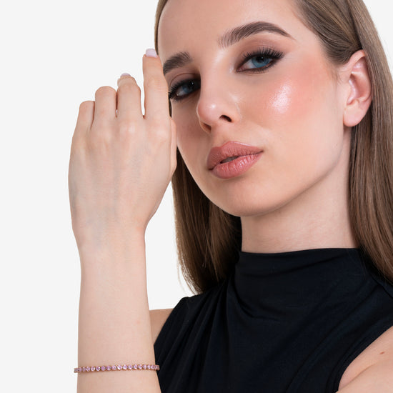 BRACCIALE TENNIS DONNA IN ACCIAIO IP GOLD CON CRISTALLI ROSA