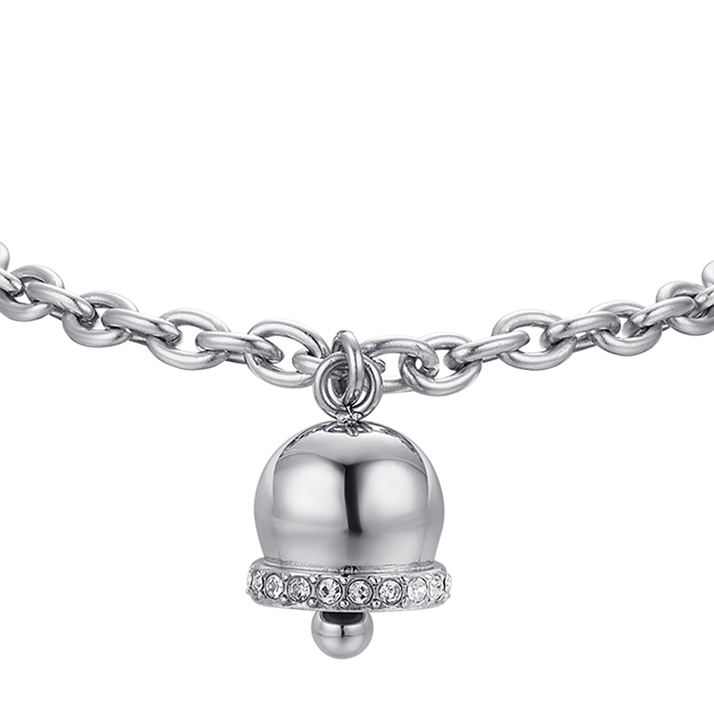 BRACCIALE DONNA IN ACCIAIO CON CAMPANELLA CON CRISTALLI BIANCHI