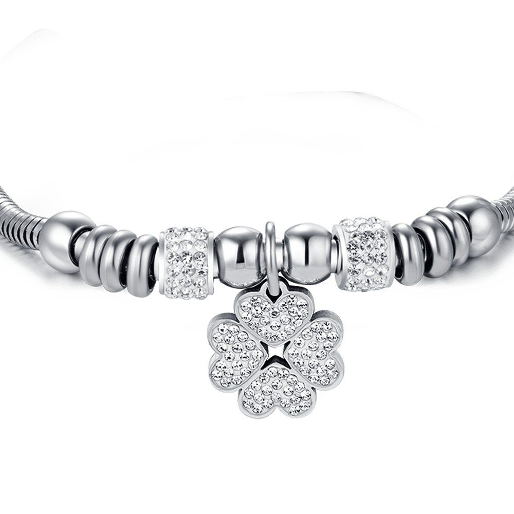 BRACCIALE DONNA IN ACCIAIO CON QUADRIFOGLIO CON CRISTALLI BIANCHI
