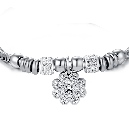 BRACCIALE DONNA IN ACCIAIO CON QUADRIFOGLIO CON CRISTALLI BIANCHI