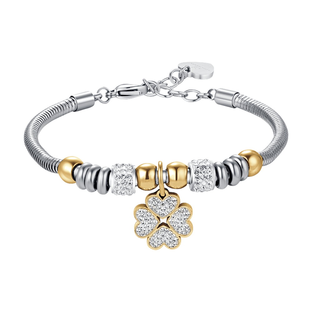 BRACCIALE DONNA IN ACCIAIO CON QUADRIFOGLIO CON CRISTALLI BIANCHI