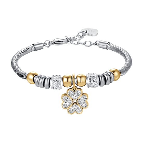 BRACCIALE DONNA IN ACCIAIO CON QUADRIFOGLIO CON CRISTALLI BIANCHI