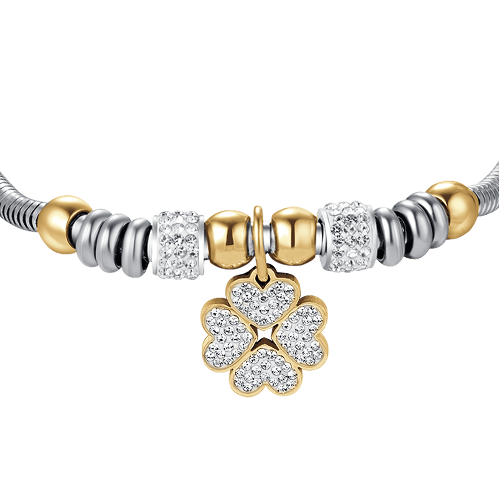 BRACCIALE DONNA IN ACCIAIO CON QUADRIFOGLIO CON CRISTALLI BIANCHI