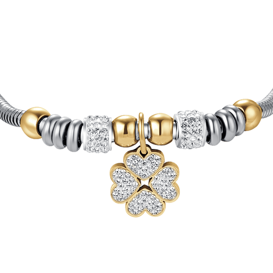 BRACCIALE DONNA IN ACCIAIO CON QUADRIFOGLIO CON CRISTALLI BIANCHI