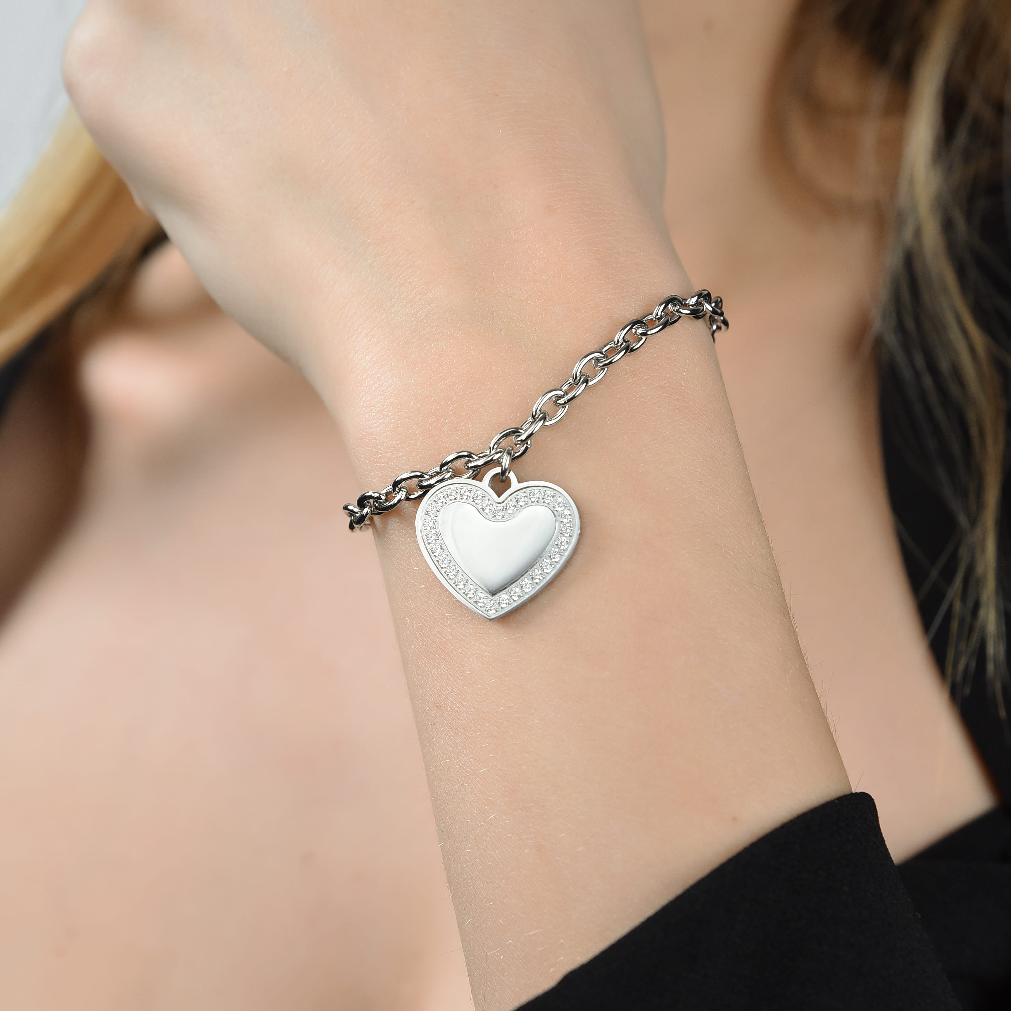 Bracciale Donna In Acciaio Inox Con Ciondolo Cuore – Collana E Bracciale Multistrato Rolo, Regalo Anniversario