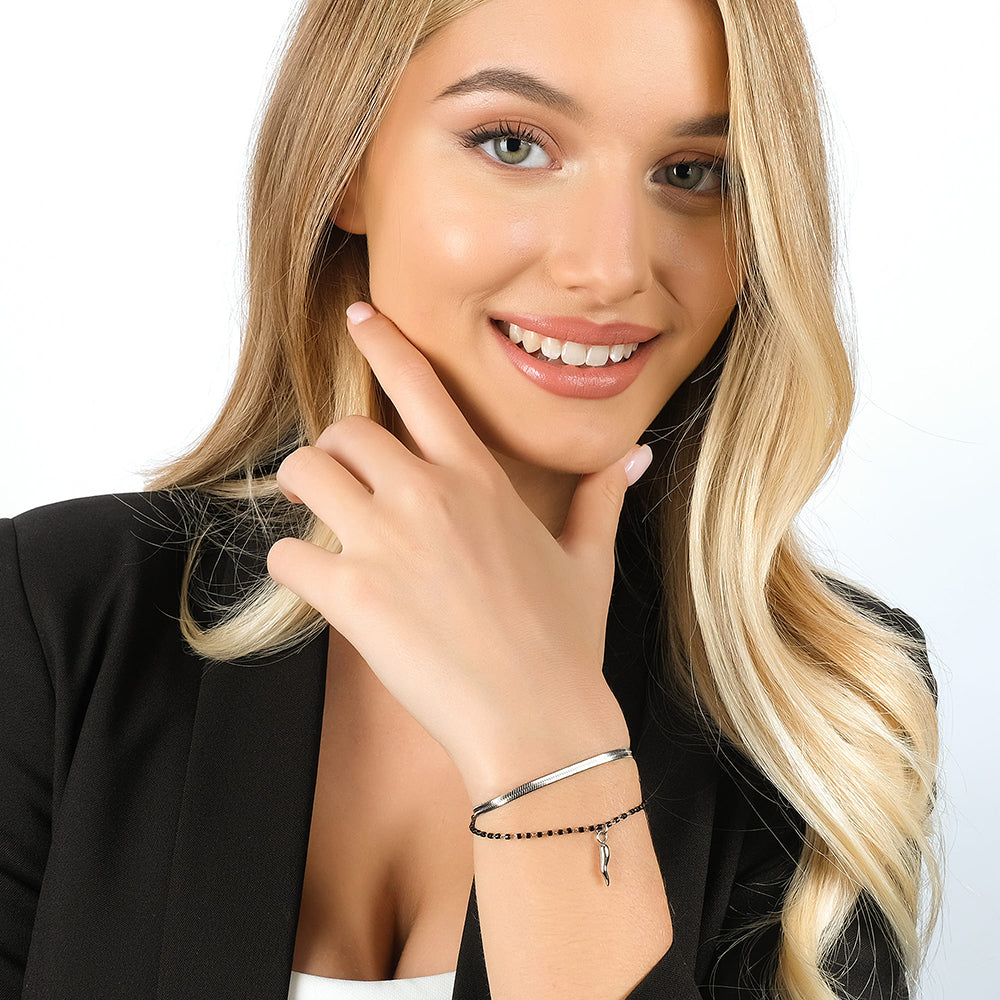 BRACCIALE DONNA IN ACCIAIO CON CORNO ED ELEMENTI NERI