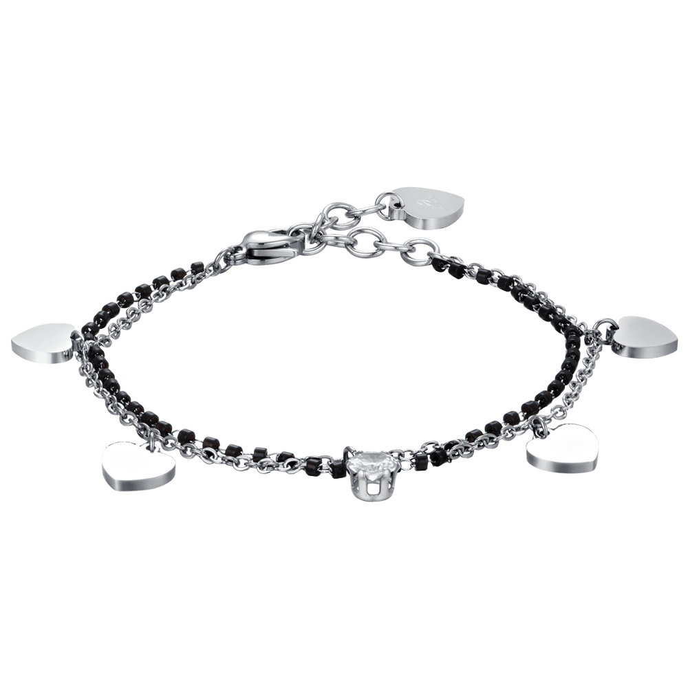 BRACCIALE DONNA IN ACCIAIO CON CUORI, ELEMENTI NERI E CRISTALLO BIANCO Luca Barra