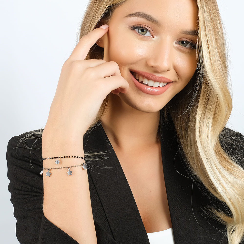 BRACCIALE DONNA IN ACCIAIO CON STELLE, ELEMENTI IP NERO E CRISTALLO BIANCO