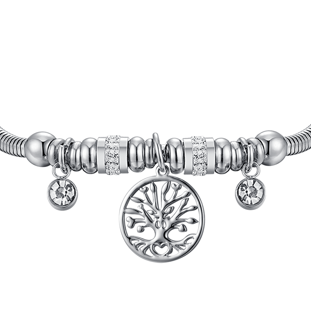 BRACCIALE DONNA IN ACCIAIO CON ALBERO DELLA VITA E CRISTALLI BIANCHI