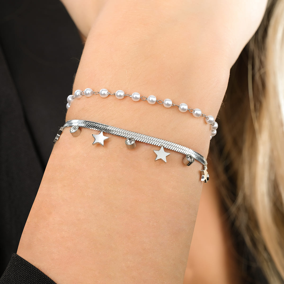 BRACCIALE DONNA IN ACCIAIO CON PERLE BIANCHE, STELLE E CRISTALLI Luca Barra