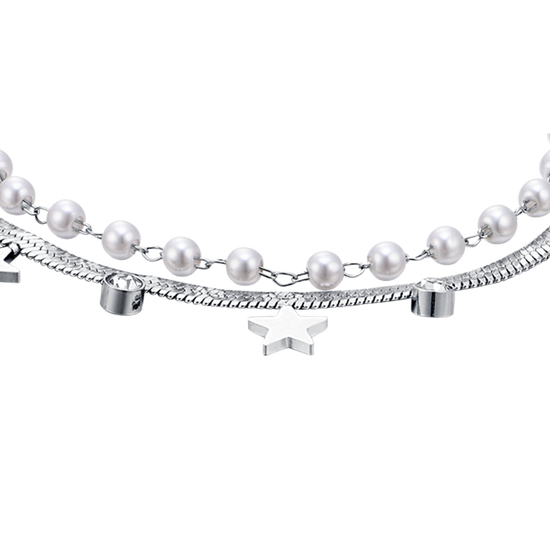BRACCIALE DONNA IN ACCIAIO CON PERLE BIANCHE, STELLE E CRISTALLI