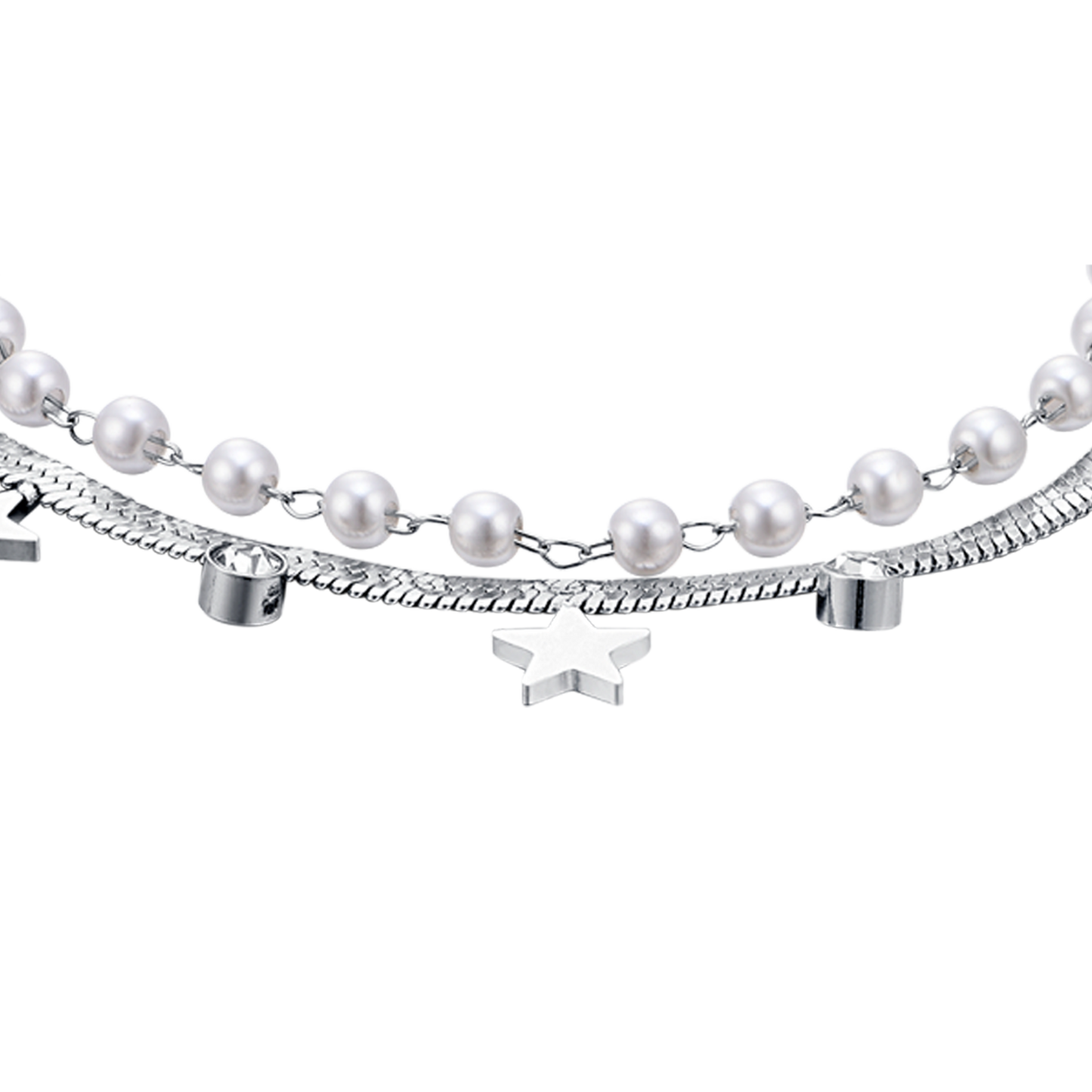 BRACCIALE DONNA IN ACCIAIO CON PERLE BIANCHE, STELLE E CRISTALLI