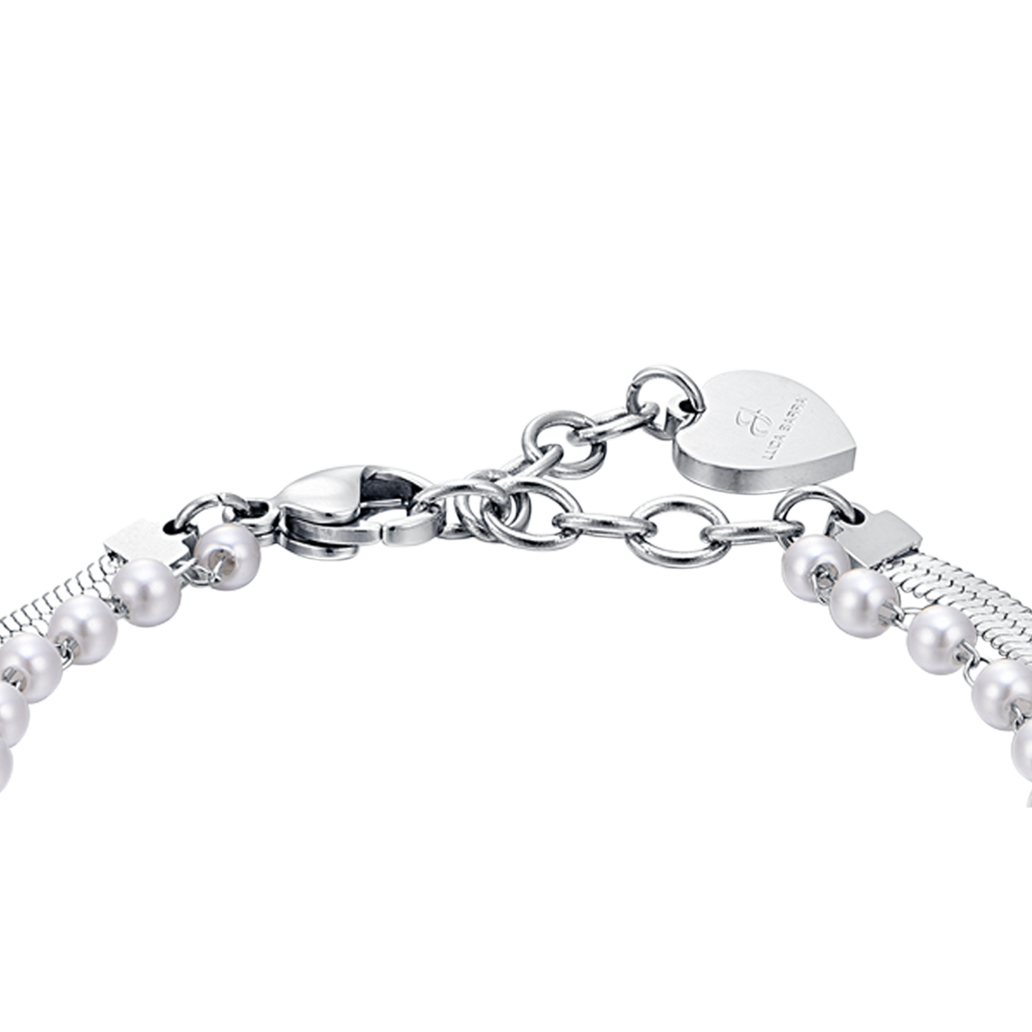 BRACCIALE DONNA IN ACCIAIO CON PERLE BIANCHE, STELLE E CRISTALLI