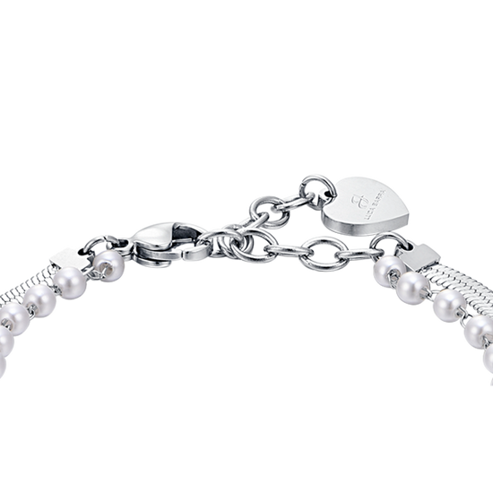BRACCIALE DONNA IN ACCIAIO CON PERLE BIANCHE, STELLE E CRISTALLI