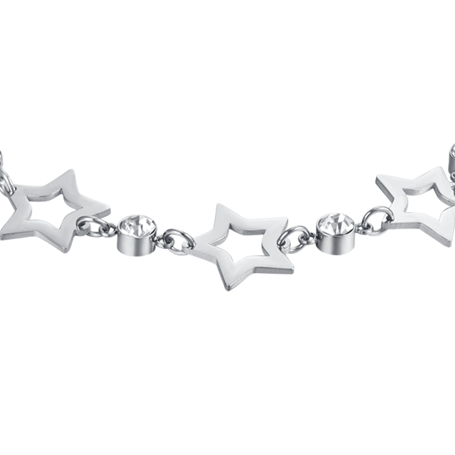 BRACCIALE DONNA IN ACCIAIO CON STELLE TRAFORATE E CRISTALLI BIANCHI