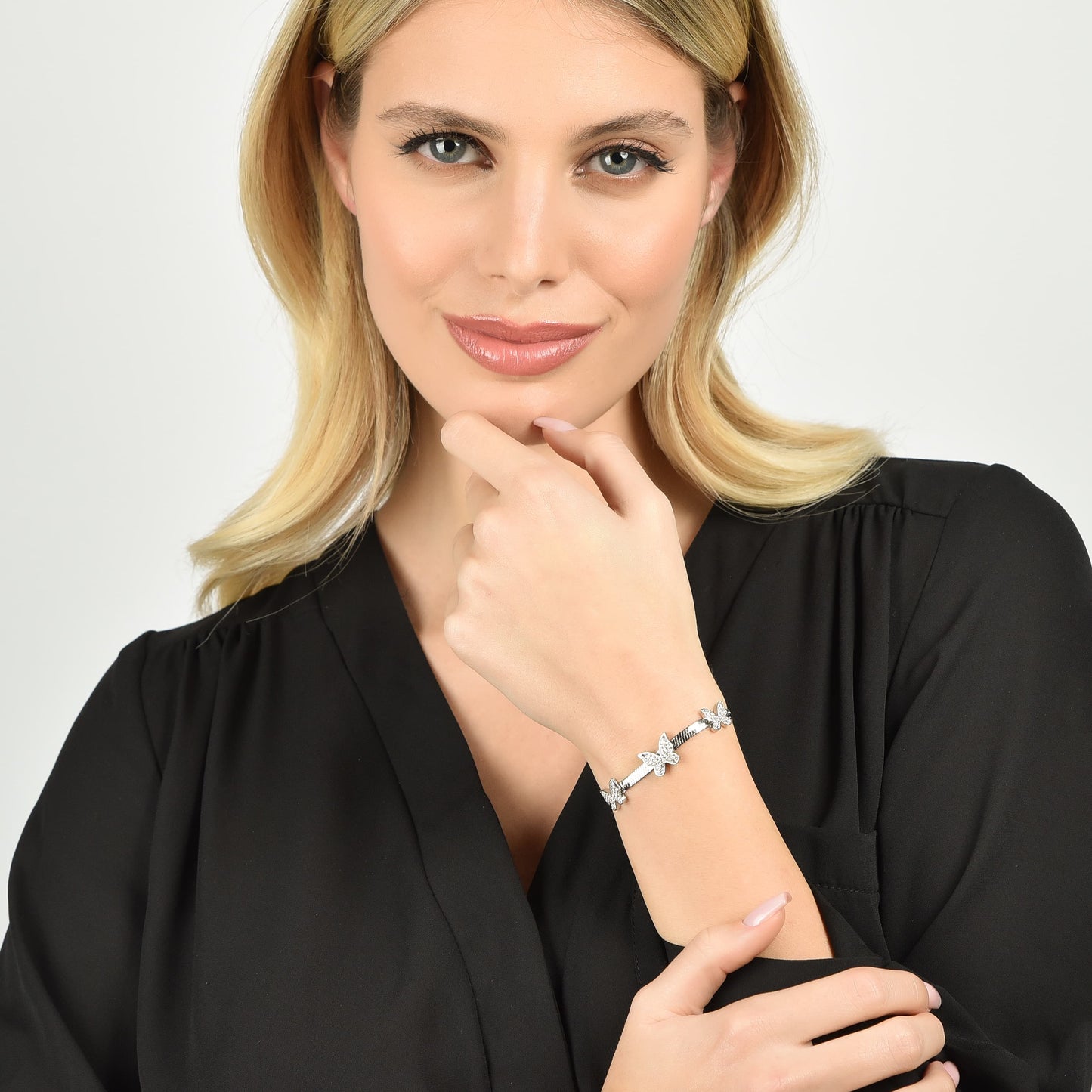 BRACCIALE DONNA SNAKE IN ACCIAIO CON FARFALLE CON CRISTALLI BIANCHI